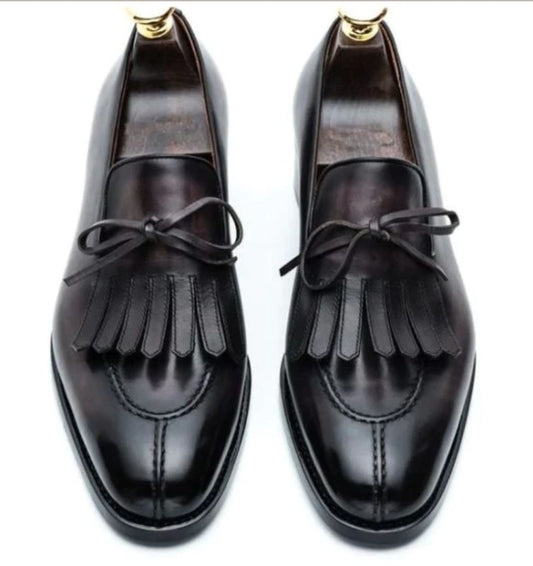 Handmade Mens black Leather fringe dress shoes moccasins, Shoes for men