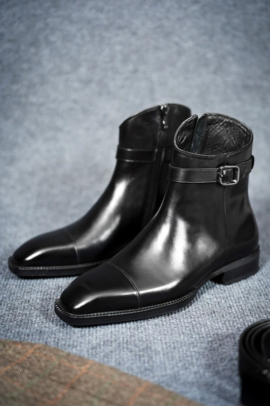 Handmade Mens Black side zip real leather ankle boots, Men dress boot