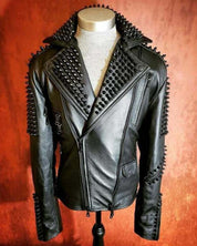 Handmade Men's Black Studded Punk Style Black Biker Rock Design Jacket