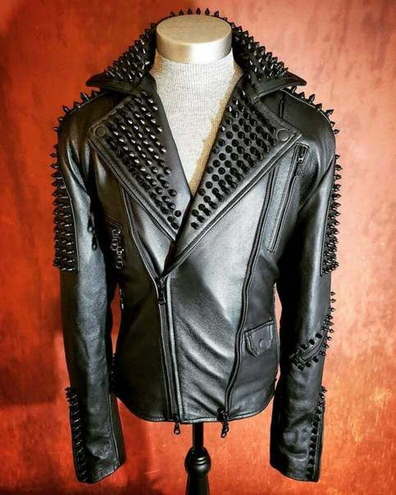 Handmade Men's Black Studded Punk Style Black Biker Rock Design Jacket