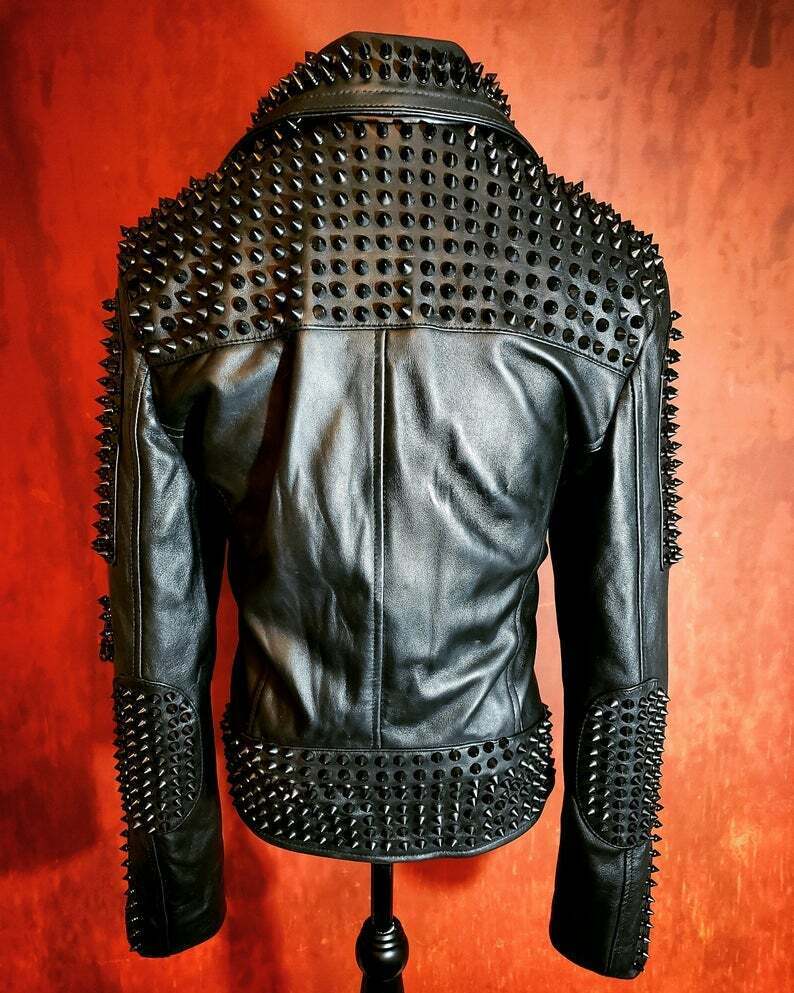 Handmade Men's Black Studded Punk Style Black Biker Rock Design Jacket - Image 2
