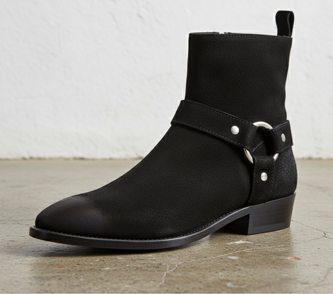 Handmade Mens Black suede ankle Boots, Mens zipper boot - detail-view-showing-texture