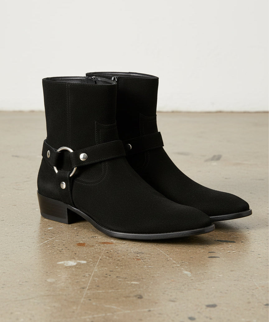 Handmade Men's Black Suede Biker Boot, Mens Suede Leather Ankle Boot - angle-view-showing-depth