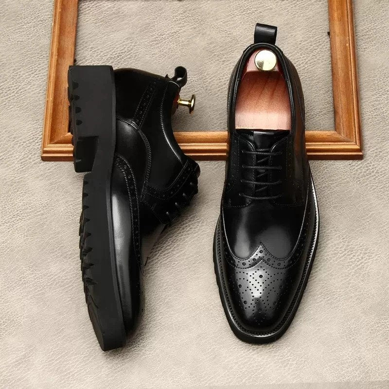 Handmade Mens black wingtip brogue dress shoes, Men tuxedo shoes