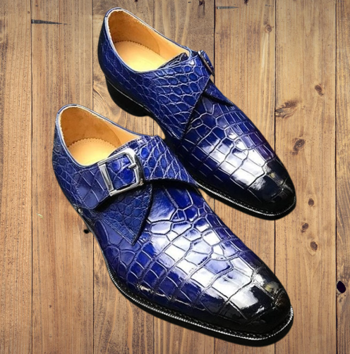 Handmade Mens Blue Crocodile Embossed Monk Shoes, Men blue Dress shoes