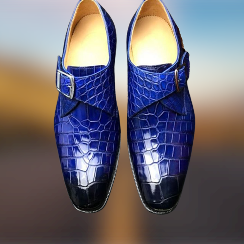 Handmade Mens Blue Crocodile Embossed Monk Shoes, Men blue Dress shoes