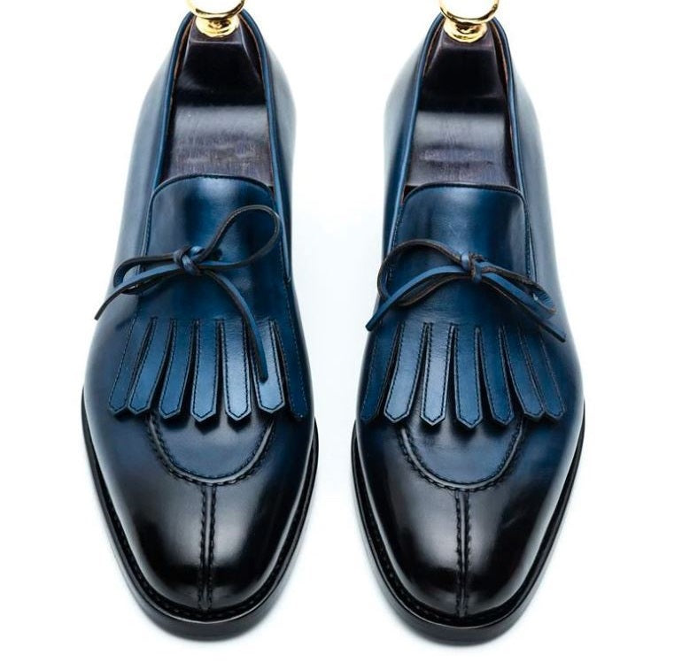 Men's Blue Leather Fringe Dress Shoes Moccasins