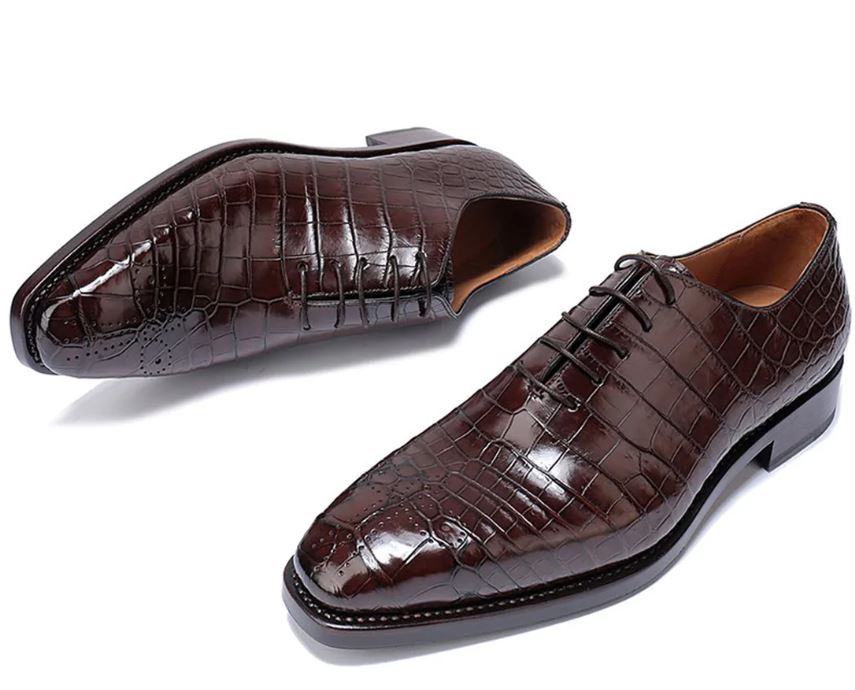 Men's Brown Alligator Print Leather Dress Shoes - Image 2