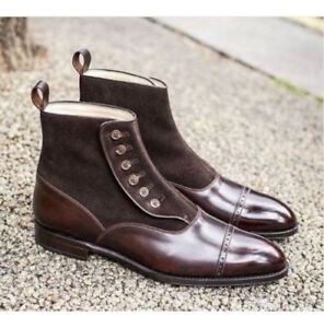 Handmade Mens Brown Button Boots, Men Gentlemen Ankle Boots, Leather Boot