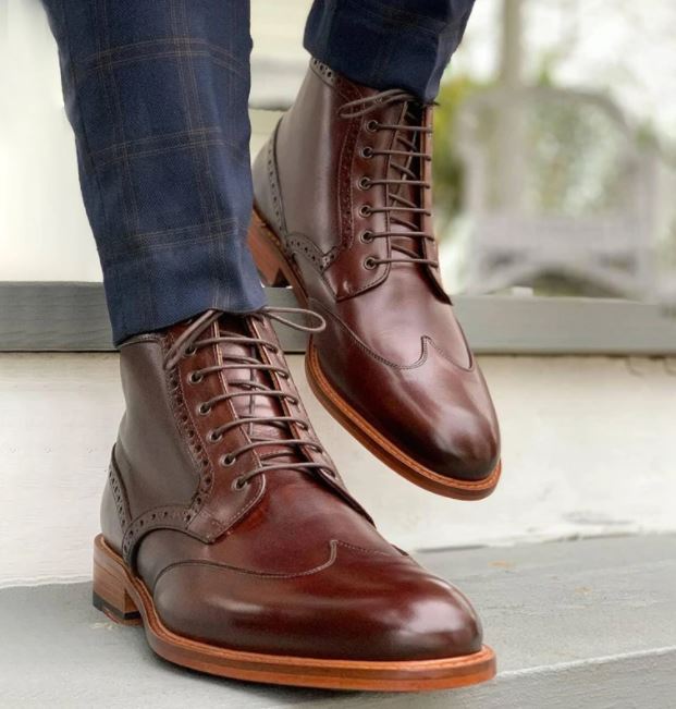 Burgundy Brown Leather Lace Up ankle dressBoots - GOODYEAR WELTED Sole