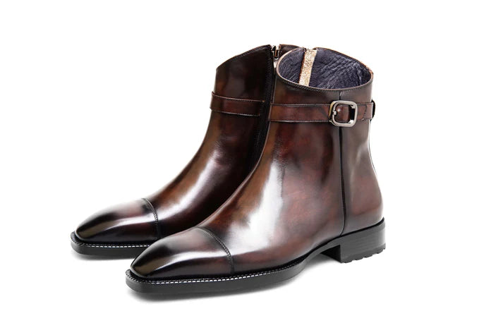 Handmade Mens brown side zip patina leather ankle boots, Men elegant boot