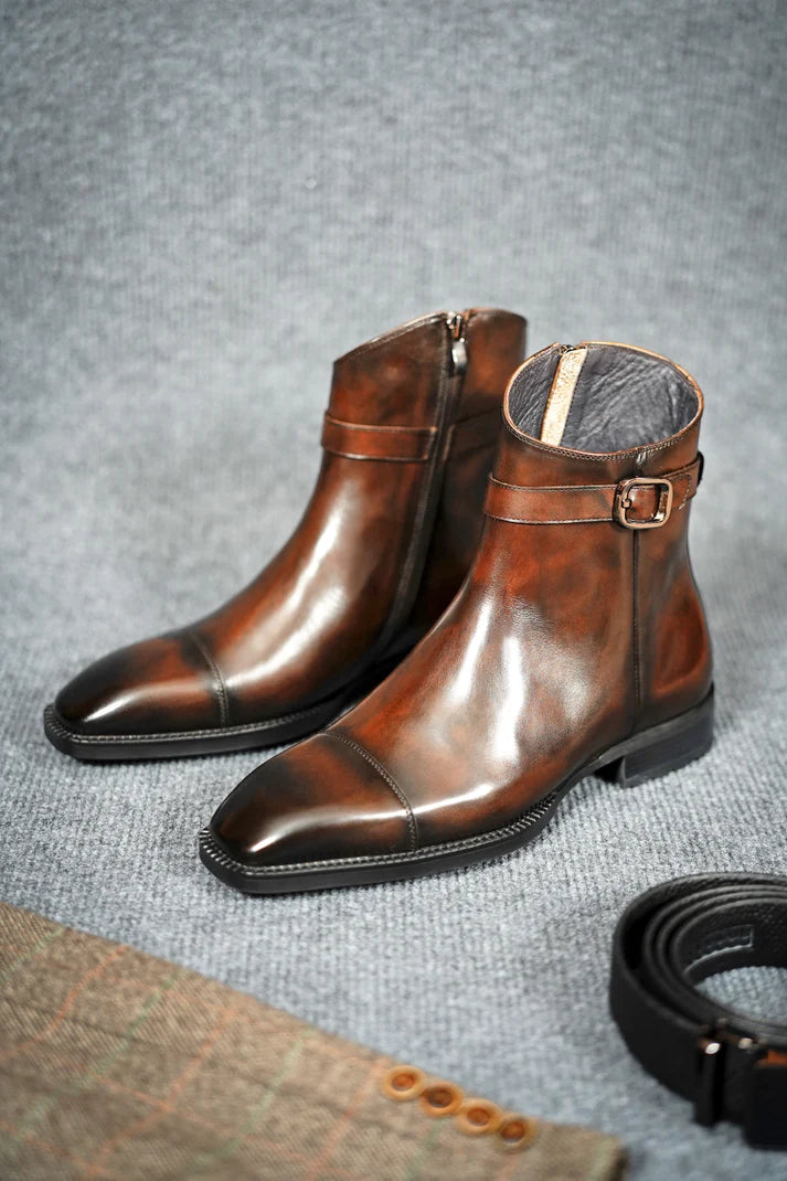 Handmade Mens brown side zip patina leather ankle boots, Men elegant boot