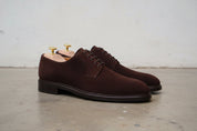 Handmade Mens Brown Suede formal derby shoes, Men Brown suede dress shoes - angle-view-showing-depth