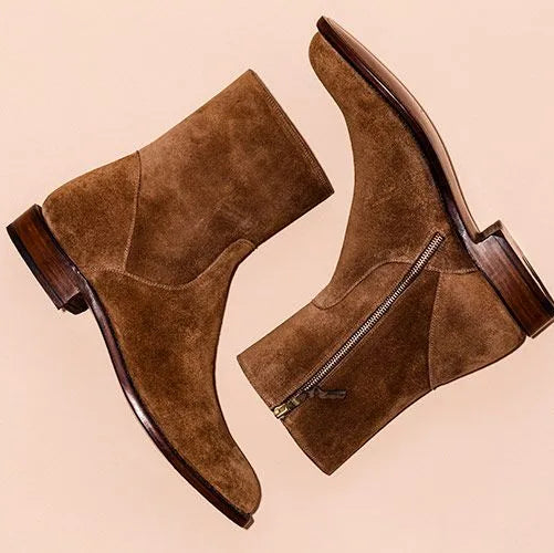 Handmade Mens brown suede zipper ankle boots, Men brown casual boots