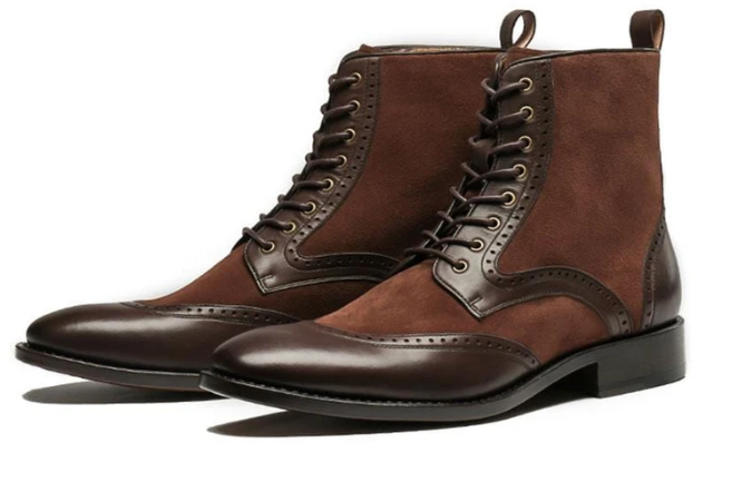 Handmade Mens Brown Wing tip Lace up ankle boot, Men brown dress boots