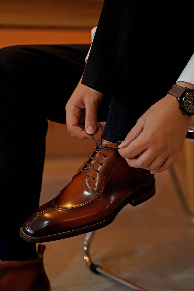 Handcrafted Men's Brown Wingtip Lace-Up Dress Boots