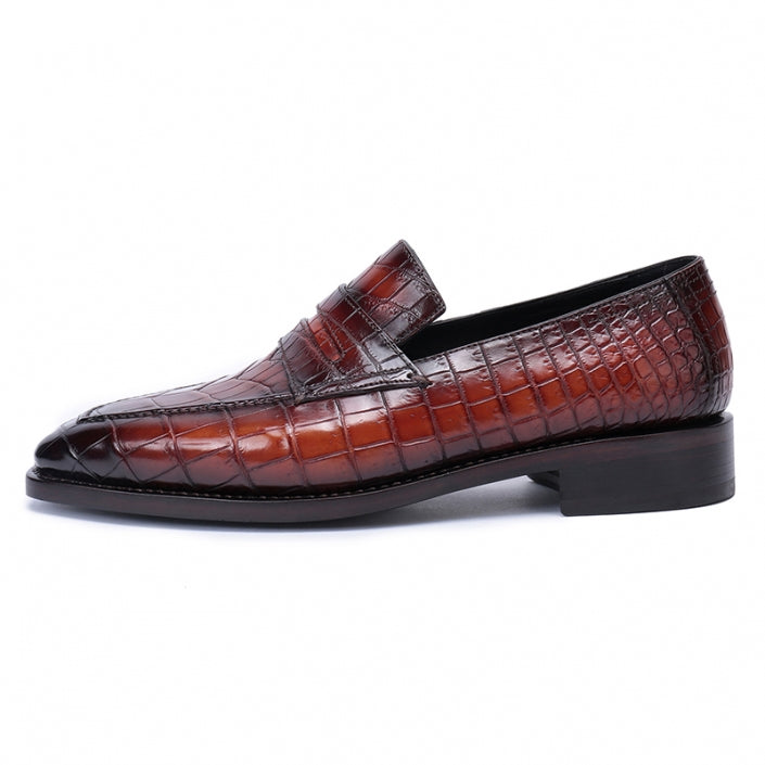 Handmade Mens Burgundy Alligators embossed print dress shoes Loafer moccasi