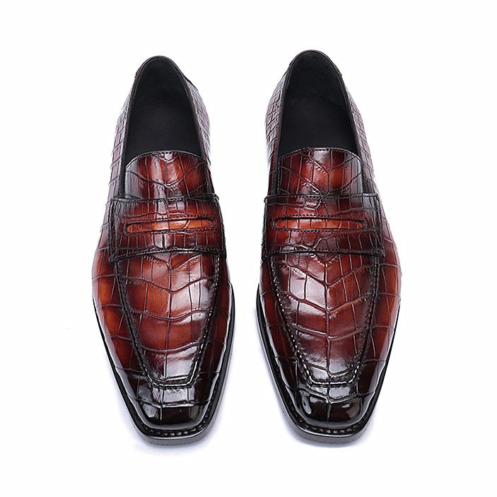 Handmade Mens Burgundy Alligators embossed print dress shoes Loafer moccasi