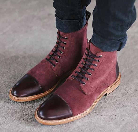 Handmade Mens Burgundy Casual wear ankle boots, Men Cap toe lace up boot