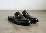 Handmade Mens Casual Slippers, Mens Black Leather Slippers shoes - angle-view-showing-depth