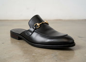 Handmade Mens Casual Slippers, Mens Black Leather Slippers shoes - detail-view-showing-texture