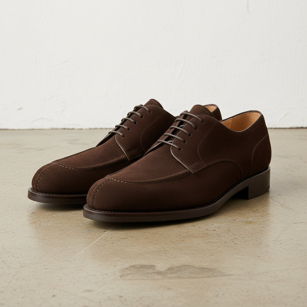 Handmade Mens Chocolate brown Suede Derby Shoes, Norwegian toe brown shoes - angle-view-showing-depth
