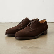 Handmade Mens Chocolate brown Suede Derby Shoes, Norwegian toe brown shoes - angle-view-showing-depth