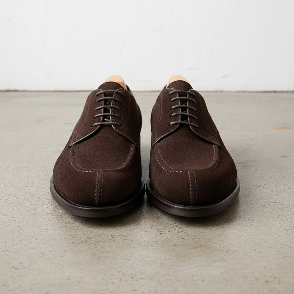 Handmade Mens Chocolate brown Suede Derby Shoes, Norwegian toe brown shoes - front-view
