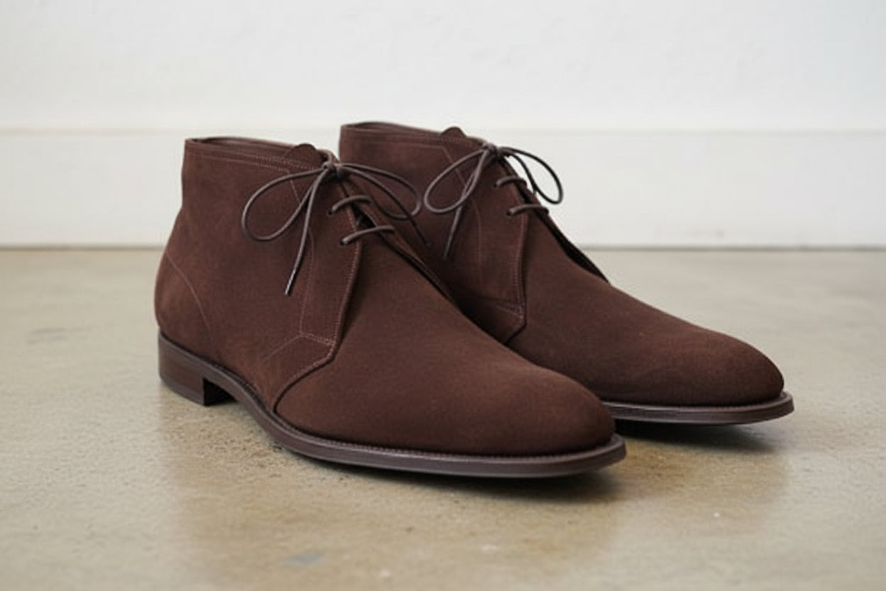 Handmade Mens Dark Brown Suede Chukka Boots, Men Brown Laceup Suede Boot - 3-4-right-view