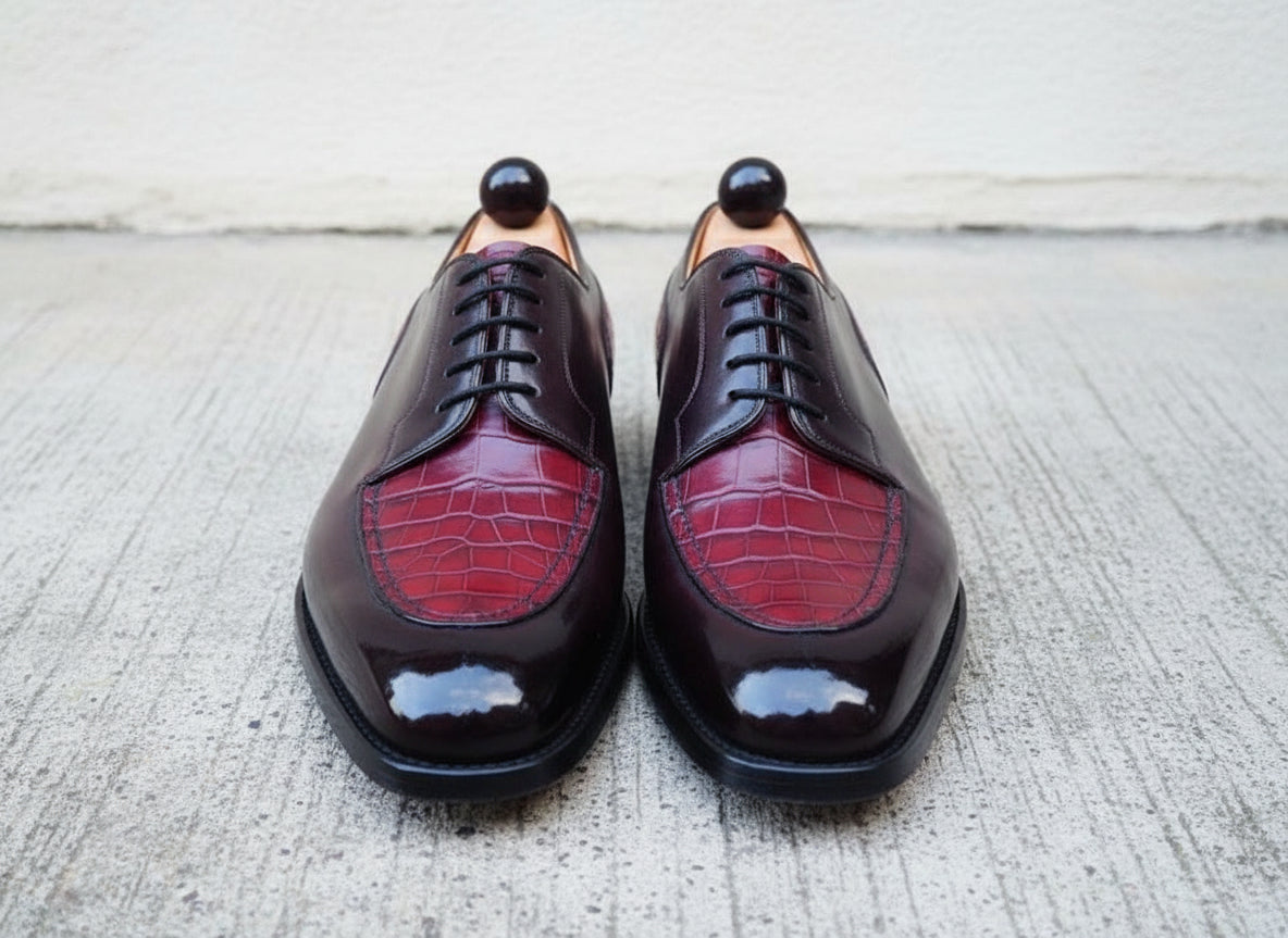 Handmade Men's Derby Lace Up Crocodile Texture Leather Round Toe Dress Shoe - front-view