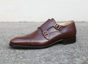 Handmade Mens Double monk Brown dress shoes, brown Oxford shoes for men - detail-view-showing-texture