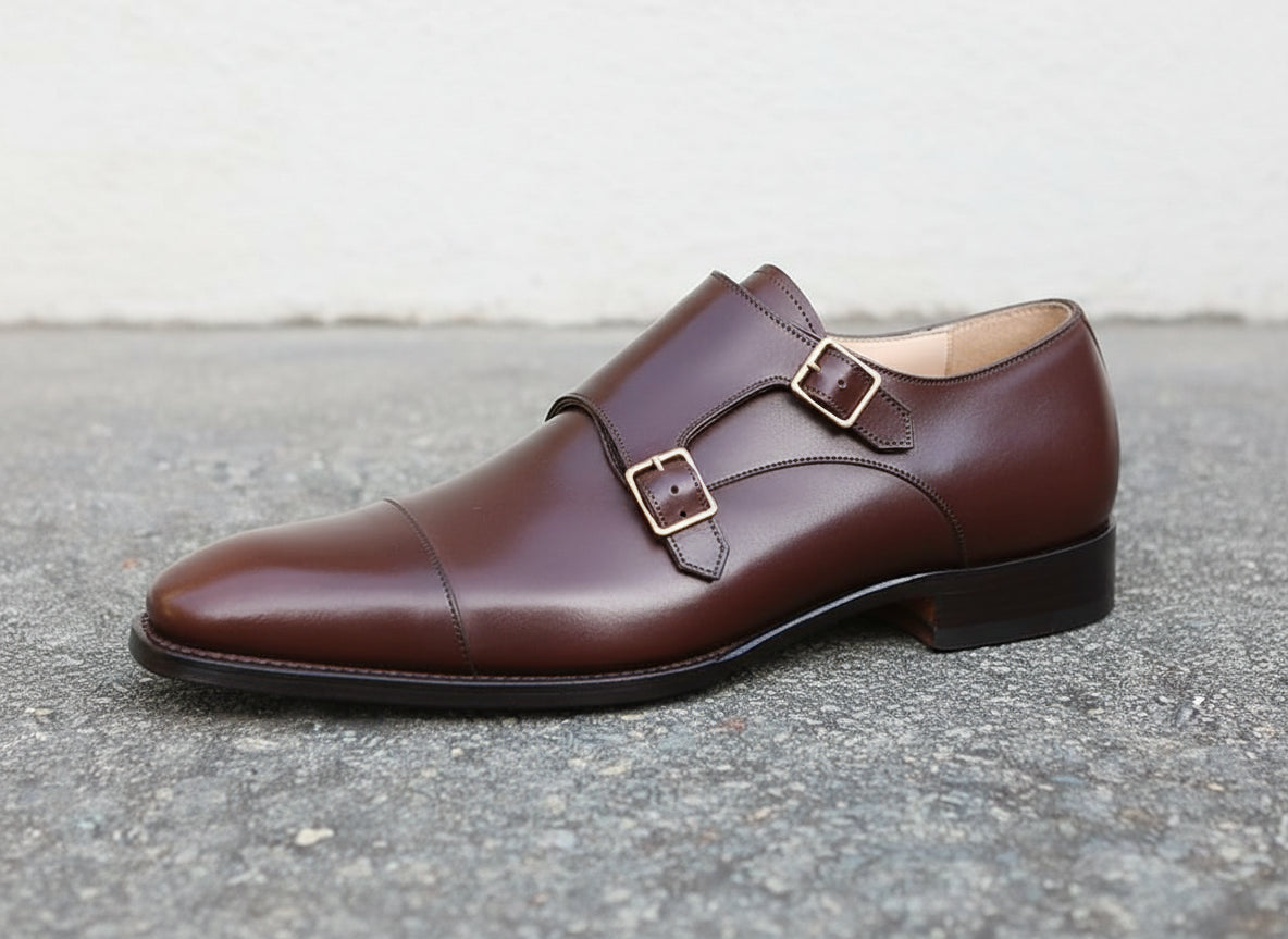 Handmade Mens Double monk Brown dress shoes, brown Oxford shoes for men - detail-view-showing-texture