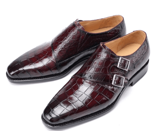 Handmade Mens Double monk Crocodile Paterrened Dress shoes, Men formal shoe