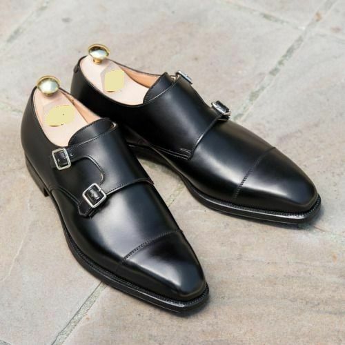 Handmade Mens Double monk Formal Shoes, Men Black leather dress shoes