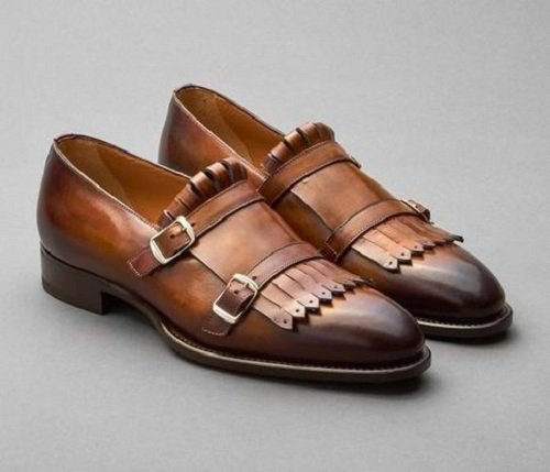 Handmade Mens Elegant brown Fringe Shoes, leather monk shoes for mens