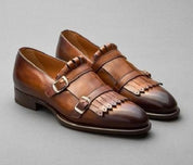 Handmade Mens Elegant brown Fringe Shoes, leather monk shoes for mens