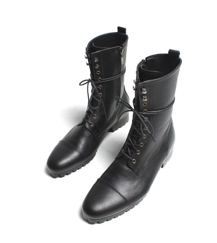 Handmade Mens Fashion Black Knee High Military Boots Men Black Combat Boots