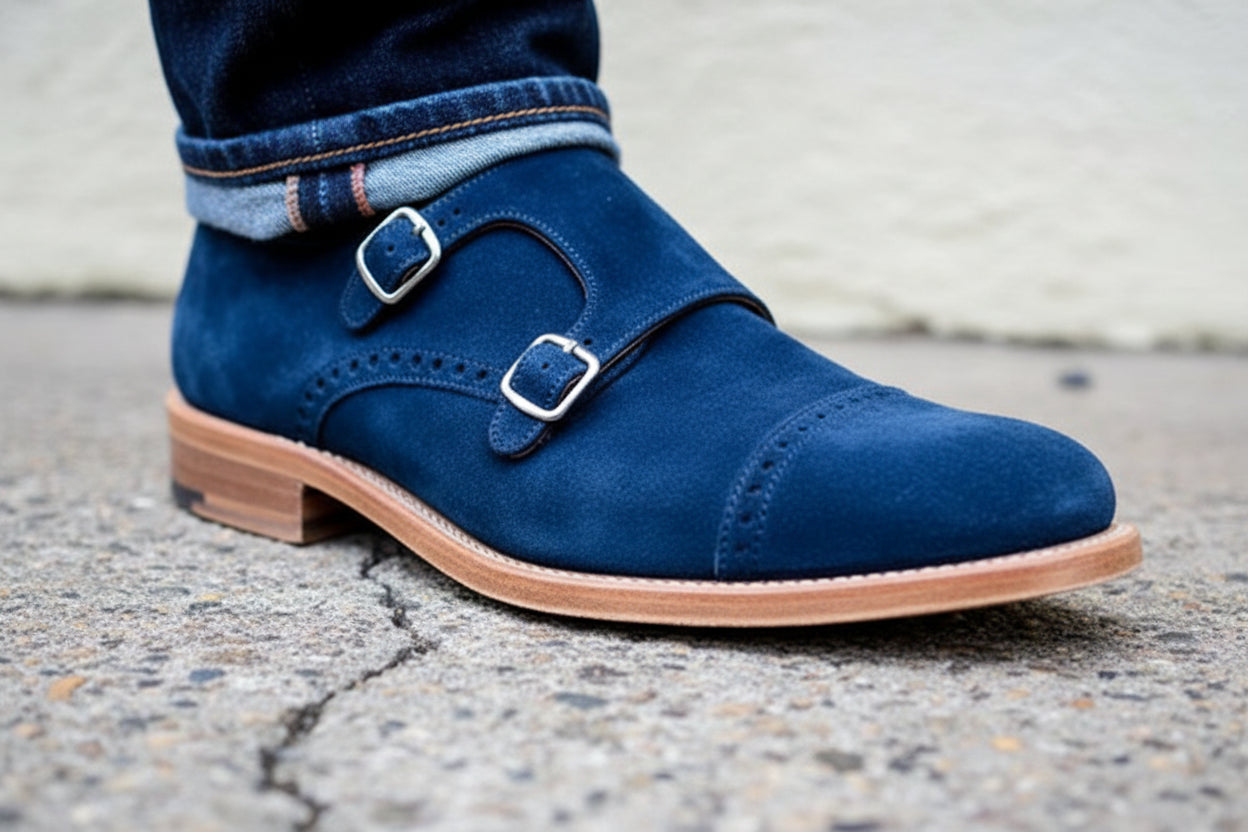 Handmade Mens Fashion Double Monk Party Shoes, Mens Style Royal Blue Shoes