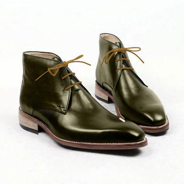 Handmade Mens Fashion Green Color Leather Boots Men Ankle High Lace Up Boot