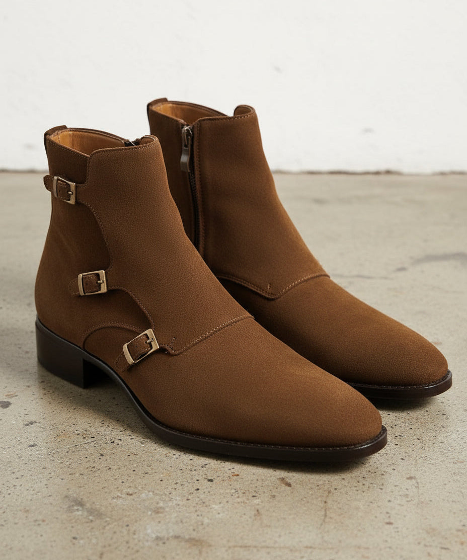 Handmade Mens Fashion Tan Brown Triple Monk Boots, Men Suede Leather Boots