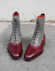Handmade Mens Fashion Two Tone Ankle Boots, Men Casual Lace Up Brogue Boots - front-view