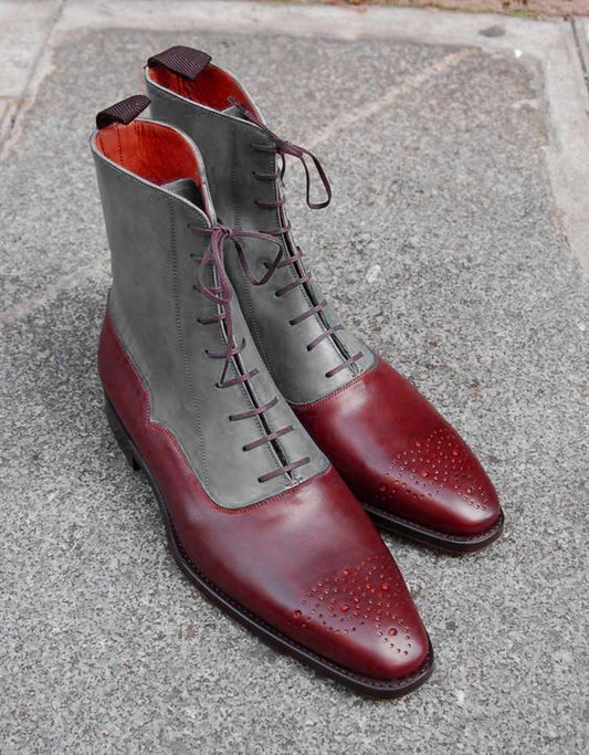 Handmade Mens Fashion Two Tone Ankle Boots, Men Casual Lace Up Brogue Boots