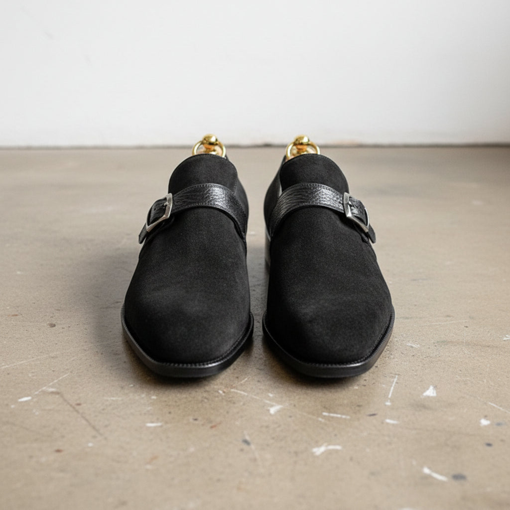 Handmade Mens formal Black suede monk shoes, Black suede buckle dress shoes - front-view
