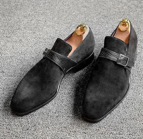 Handmade Mens formal Black suede monk shoes, Black suede buckle dress shoes