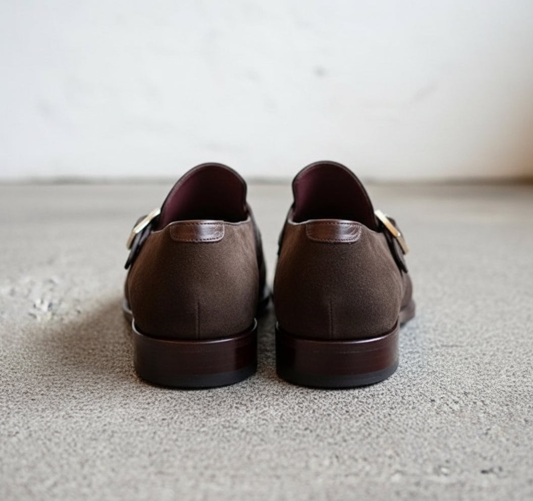 Handmade Mens formal Brown suede monk shoes, Brown suede buckle dress shoes - back-view