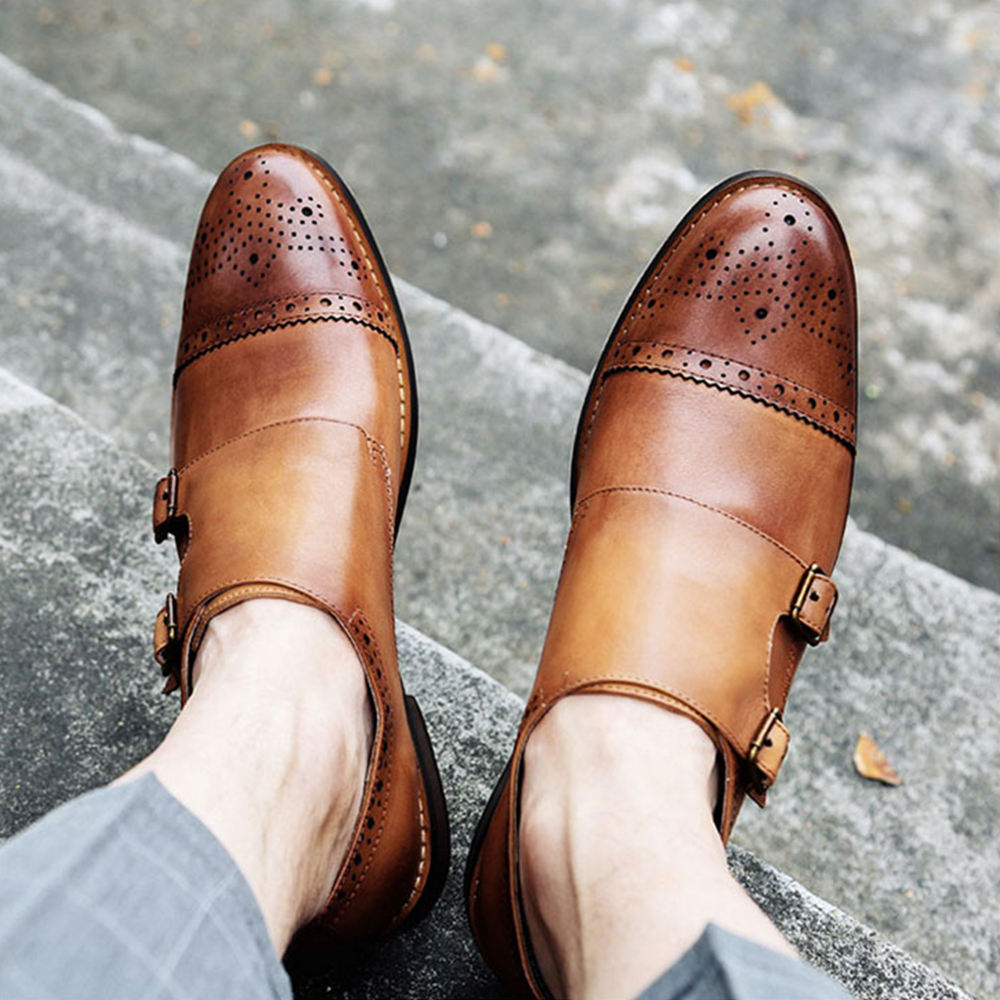 Handmade Men's Full Garin Leather Double Monk Strap Shoes