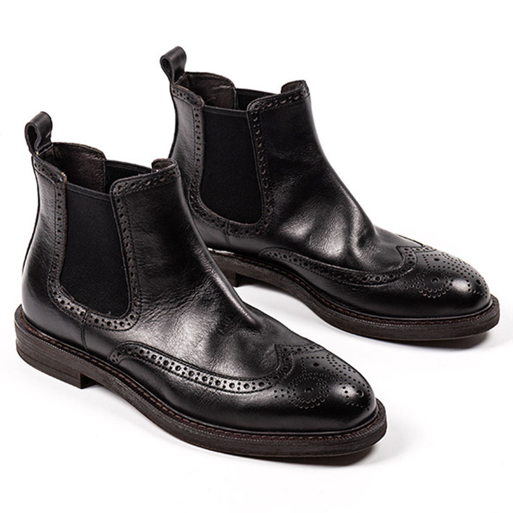 Handmade Men's Full Grain Leather Brogue Chelsea Boots