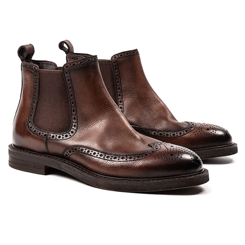 Handmade Men's Full Grain Leather Brogue Chelsea Boots