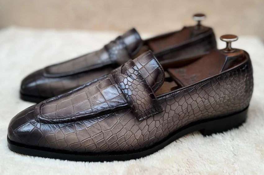 Handmade Mens gray crocodile moccasins, Men gray dress shoes, crocodile print