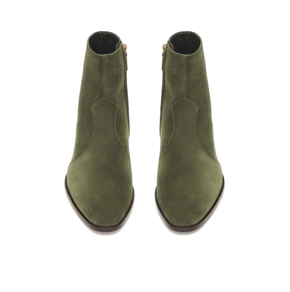 Handmade Mens Green suede ankle boots, Men dress boot, New zipper boot